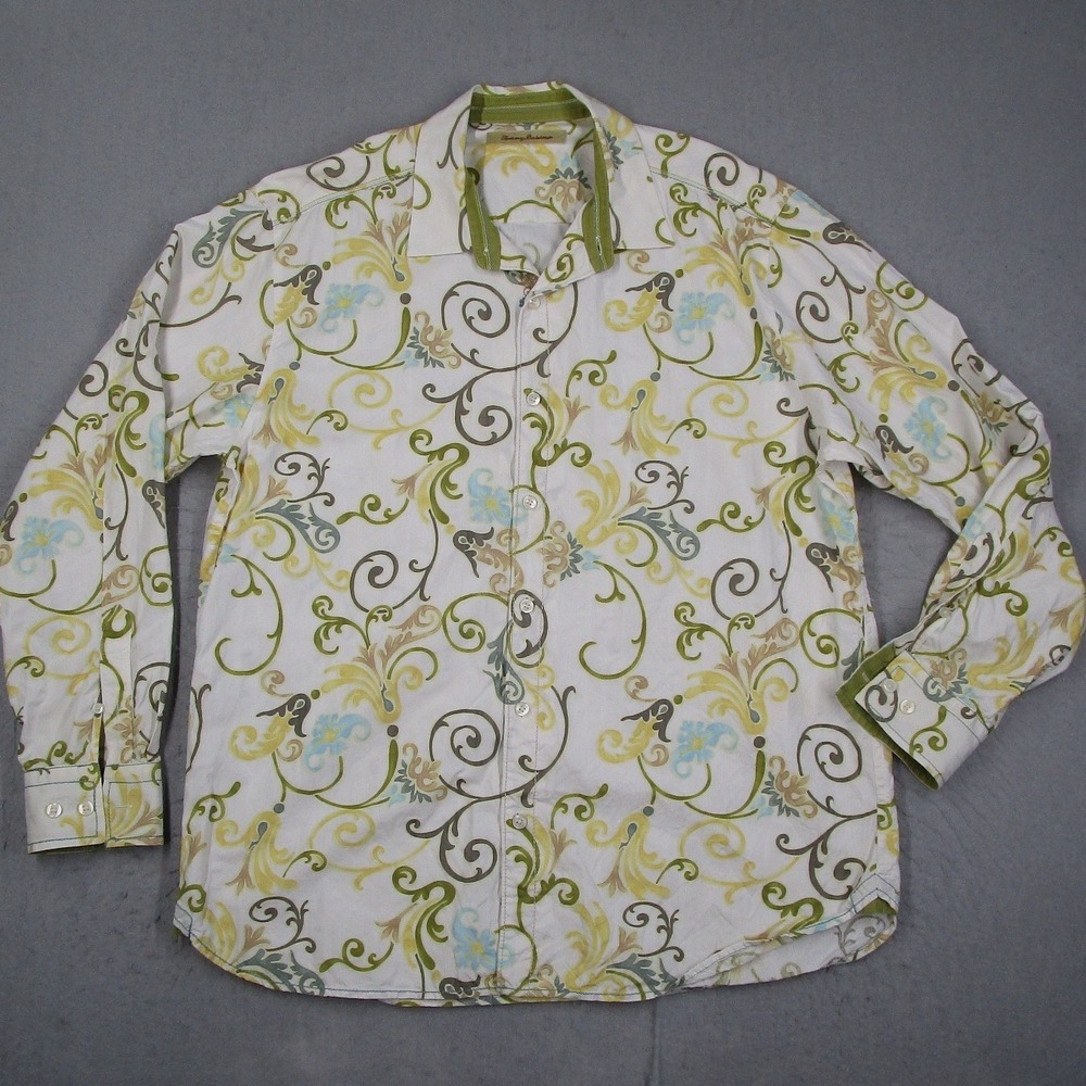 Tommy Bahama Mens Large Silk Cotton Scroll Floral Paisley Button Front Shirt L